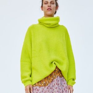 ZARA Neon Lime Green Turtleneck Oversized Sweater